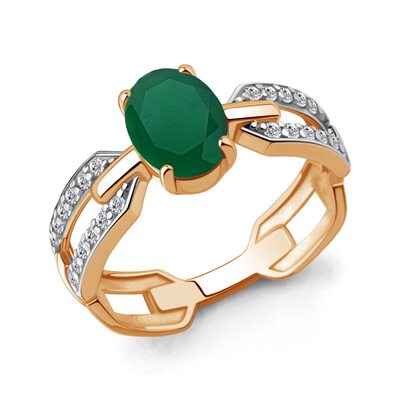 Кольцо с агатом и фианитами из золота 585 пробы