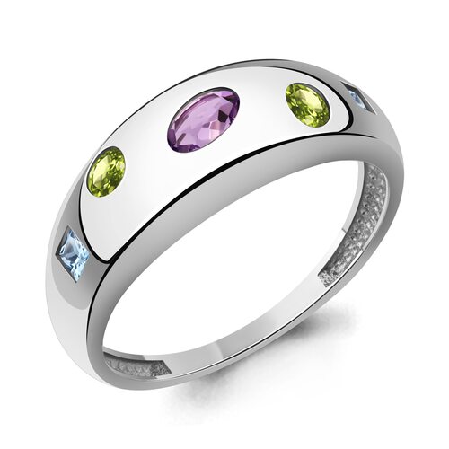 Кольцо с аметистом, хризолитом и топазами из серебра 925 пробы