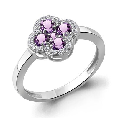 Кольцо "Клевер" с аметистами и фианитами из серебра 925 пробы