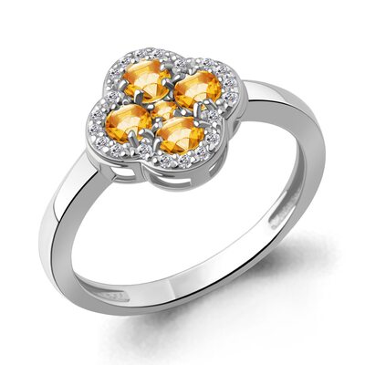 Кольцо "Клевер" с цитрином и фианитами из серебра 925 пробы