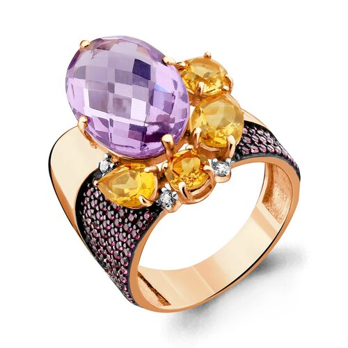 Кольцо с фианитами, корундами, аметистом и цитрином из золота 585 пробы