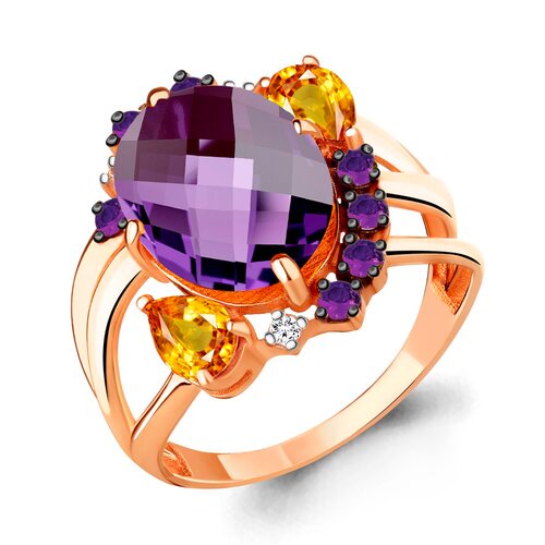 Кольцо с корундами, фианитами, аметистом и цитрином из золота 585 пробы