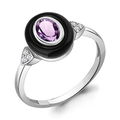 Кольцо с аметистом и фитанитами из серебра 925 пробы