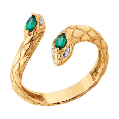 Кольцо "Змея" с бриллиантами и изумрудами из золота 585 пробы