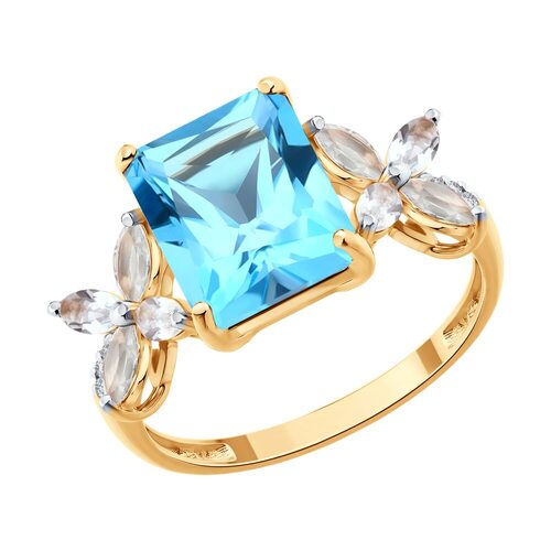 Кольцо с топазом, горным хрусталем и бриллиантами из золота 585 пробы