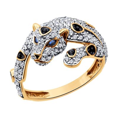 Кольцо "Пантера" с корундом и фианитом и шпинелью из золота 585 пробы