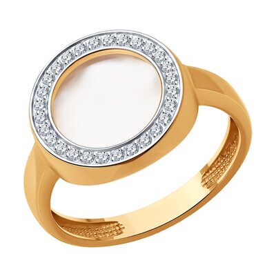 Кольцо с перламутром и фианитами из золота 585 пробы