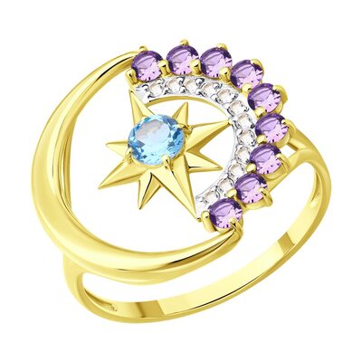 Кольцо "Змея" с аметистом и топазами из желтого золота 585 пробы