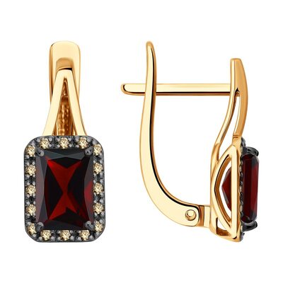 Серьги с гранатом и коньячными бриллиантами из золота 585 пробы