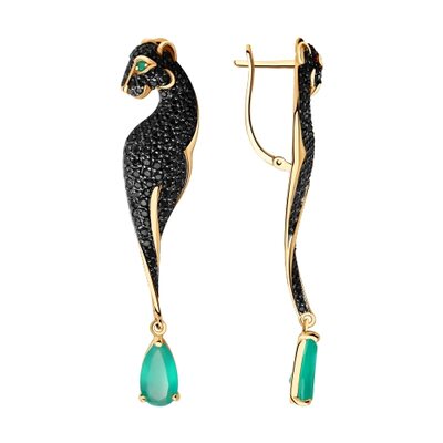 Серьги "Черная пантера" с агатами и черными фианитами из золота 585 пробы