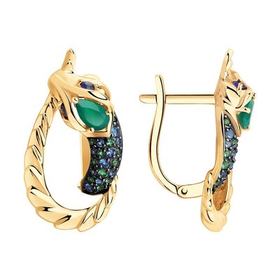 Серьги "Змеи" с агатом, фианитами и корундами из золота 585 пробы