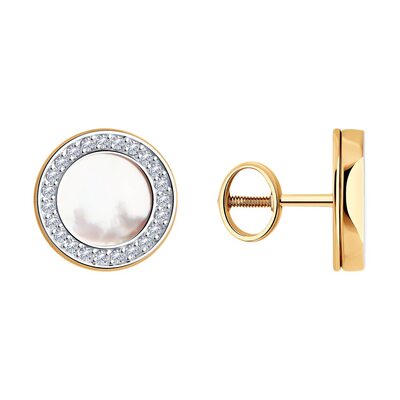 Серьги с перламутром и фианитами из золота 585 пробы