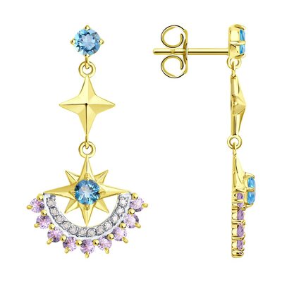 Серьги "Звезды" с аметистами и топазами из желтого золота 585 пробы