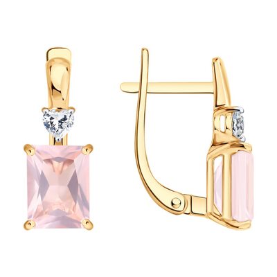 Серьги с кварцем и фианитами из золота 585 пробы