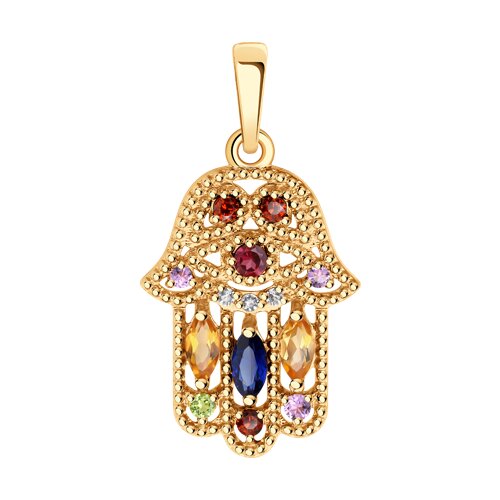 Подвеска "Хамса" с аметистами, гранатами, родолитом, сапфиром и топазом из золота 585 пробы