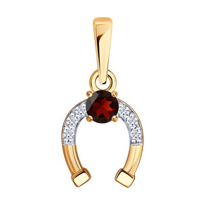 Подвеска "Подкова" с гранатом и бриллиантами из золота 585 пробы