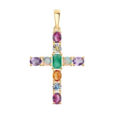Декоративный крест с агатом, аметистом, опалом, родолитом и сапфиром из золота 585 пробы