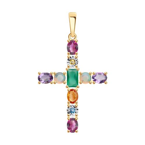 Декоративный крест с агатом, аметистом, опалом, родолитом и сапфиром из золота 585 пробы
