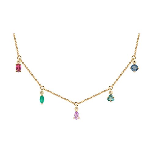 Колье с агатом, аметистом, кварцем, родолитом и топазом из золота 585 пробы