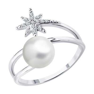 Кольцо "Звезда" с жемчугом и бриллиантами из белого золота 585 пробы