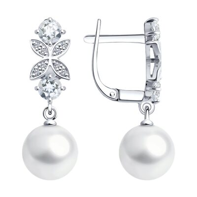 Серьги с бриллиантами, горным хрусталём и жемчугом из белого золота 585 пробы