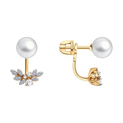 Серьги с жемчугом, горным хрусталем, топазами и бриллиантами из золота 585 пробы