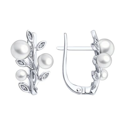 Серьги "Ветви" с жемчугом и бриллиантами из белого золота 585 пробы