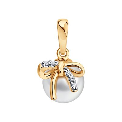 Подвеска "Бант" с жемчугом и бриллиантами из золота 585 пробы
