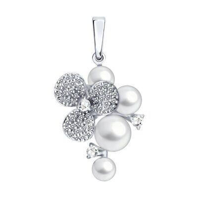 Подвеска "Цветок" с бриллиантами и жемчугом из белого золота 585 пробы