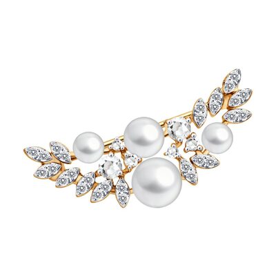 Брошь с жемчугом, горным хрусталем и бриллиантами из золота 585 пробы