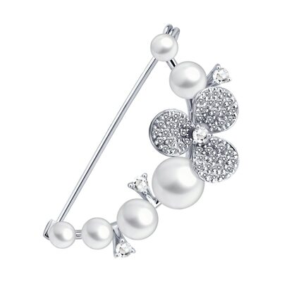 Брошь "Цветок" с жемчугом и бриллиантами из белого золота 585 пробы