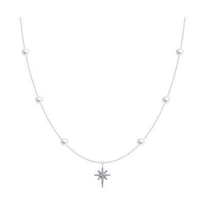 Колье "Звезда" с жемчугом и бриллиантами из белого золота 585 пробы