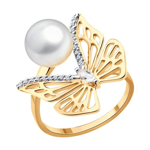 Кольцо с жемчугом, горным хрусталем и фианитами из золота 585 пробы