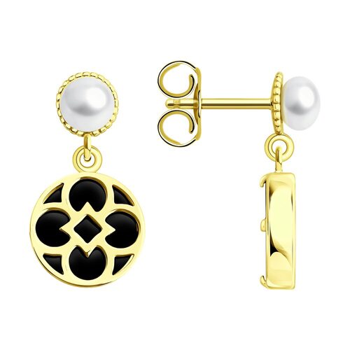 Серьги с агатом и жемчугом из желтого золота 585 пробы