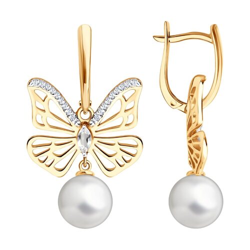 Серьги "Бабочки" с жемчугом, горным хрусталем и фианитами из золота 585 пробы