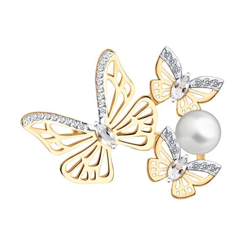 Брошь с жемчугом, горным хрусталем и фианитами из золота 585 пробы