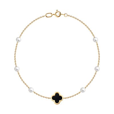 Браслет "Клевер" с агатом и жемчугом из золота 585 пробы