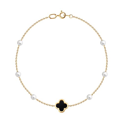 Браслет "Клевер" с агатом и жемчугом из золота 585 пробы