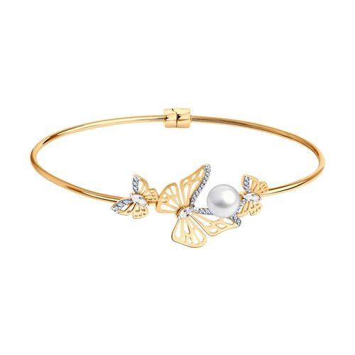Браслет "Бабочки" с жемчугом, горным хрусталем и фианитами из золота 585 пробы