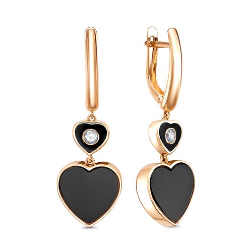 Серьги "Сердца" с фианитами и эмалью из золота 585 пробы