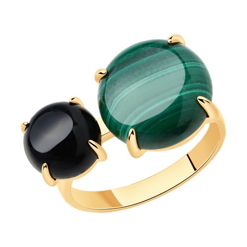 Кольцо с агатом и малахитом из серебра 925 пробы