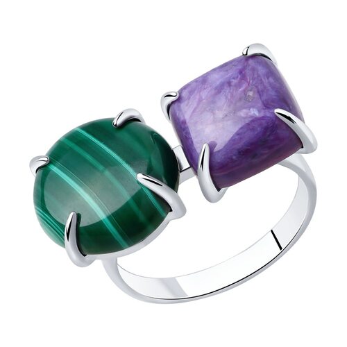 Кольцо с малахитом и чароитом из серебра 925 пробы 