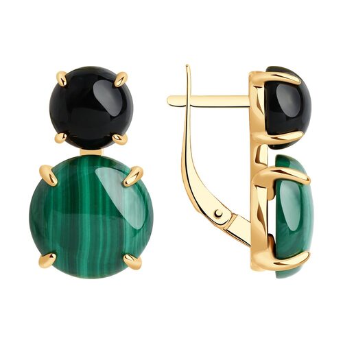 Серьги с агатом и малахитом из серебра 925 пробы с позолотой
