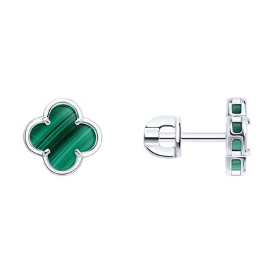 Серьги "Клевера" с малахитом из серебра 925 пробы
