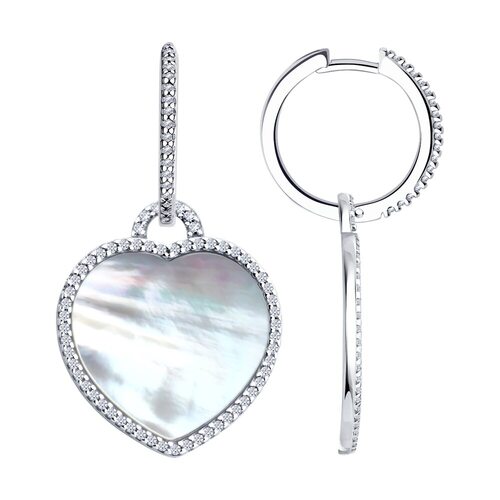 Серьги "Сердца" с перламутром и фианитами из серебра 925 пробы