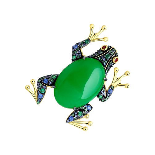 Брошь "Лягушка" с фианитами, корундом и кварцем из серебра 925 пробы с позолотой 