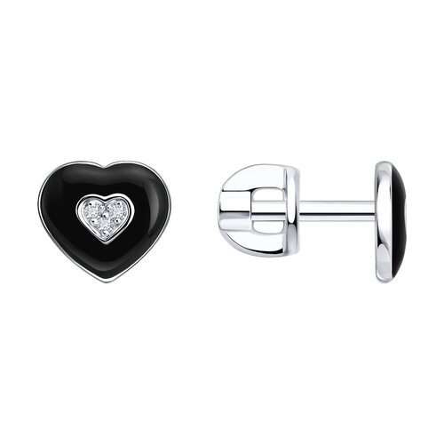 Серьги "Сердца" с бриллиантами и эмалью из серебра 925 пробы