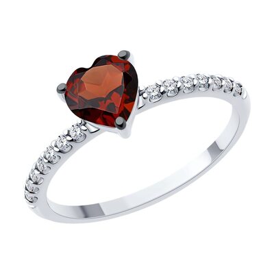 Кольцо "Сердце" с гранатом и фианитами из серебра 925 пробы