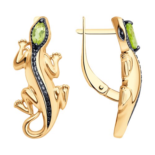 Серьги "Ящерицы" с хризолитом из серебра 925 пробы с позолотой