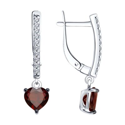 Серьги "Сердца" с гранатами и фианитами из серебра 925 пробы